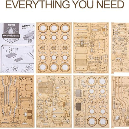 ROKR 3D Wooden Puzzle for Adults-Mechanical Car Model Kits-Brain Teaser Puzzles-Vehicle Building Kits-Unique Gift for Kids on Birthday/Christmas Day(1:18 Scale)(MC701-Army Field Car)