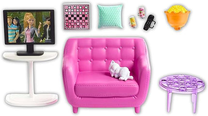 Barbie Indoor Furniture Playset, Living Room Includes Kitten, Furniture and Accessories for Movie and Game Night