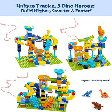 Marble Run Building Blocks for Kids Ages 3+ | 121-Piece Dinosaur STEM Toy with 6 Dinosaurs & 2 Baseplates | Durable Construction Set with Step-by-Step Guide