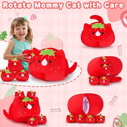 5 PCS Strawberry Cat Plush Stuffed Animal Family-19" Soft Strawberry Cat Plush, Large Mommy Plushies with 4 Baby Kittens Plushies, Kawaii Plushie Toy Christmas Birthday Gifts for Kids Boys