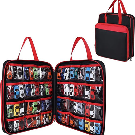 Toy cars Carrying Case Compatible with Hot Wheels Up to 99pcs, Portable Car Toy Storage Organizer Bag for 1/64 Scale Toy Cars, Matchbox Cars, Dolls, Mini Toys, Bag Only(Red)