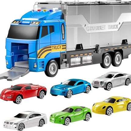 TEMI Transport Cars Carrier Set Toys w/Play Mat, Die-cast Vehicles Truck Alloy Metal Race Model Car Toys for Toddler Age 3-9 Kids Boys & Girls