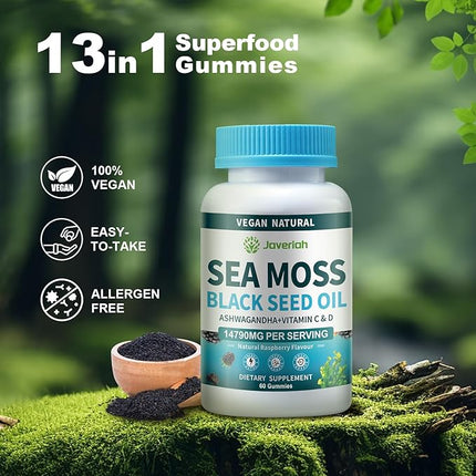 Vegan Ashwagandha Sea Moss Gummies - Black Seed Oil, Vitamin C&D for Immune Support, Digestive, Antioxidant 13 in 1 Bundle, Sea Moss Chlorophyll Advanced Strength Formula 60 Gummies