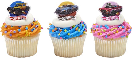 Hot Wheels™ Rings | 24 Epic Stunt Cupcake Toppers | DecoPac Hot Wheels Cars Cake Decorations, Multi-colored, Food Safe & Ready To Use - 24 Pack