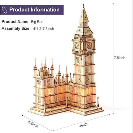ROBOTIME 3D Puzzle for Adults Wooden Craft Kits for Teens DIY Construction Model Kit with LED Light to Build Educational Big Ben Set Toys Birthday Gifts
