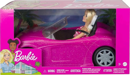 Barbie Playset with Sparkly Pink 2-Seater Toy Convertible Car Featuring Glam Details & Fashion Doll in Sundress & Sunglasses (Amazon Exclusive)