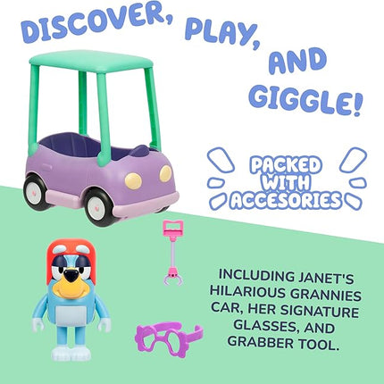 Bluey Grannies Car Coupe Chat Mates Playset, Talking Janet Kids Toy with Removable Blanket, Glasses, Interactive Toys Figures Set, Ages 3+