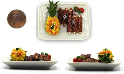 Lovely Mixed 5 Assorted Hawaiian Grilled, Steak, with Appetizer Dish Dollhouse Miniature Food, Tiny Food for Collectibles, Compatible with Barbie Dollhouse and Diorama Scale 1:6, 1/6