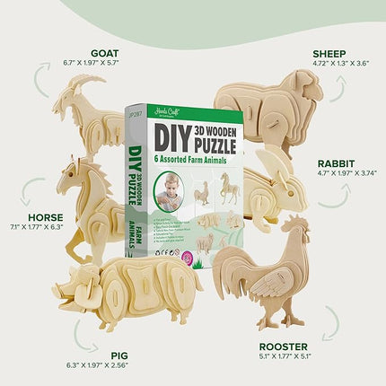 Hands Craft DIY 3D Wooden Puzzle – 6 Assorted Farm Animals Bundle Pack Set Brain Teaser Puzzles Educational STEM Toy Adults and Kids to Build Safe and Non-Toxic Easy Punch Out Premium Wood JP2B7