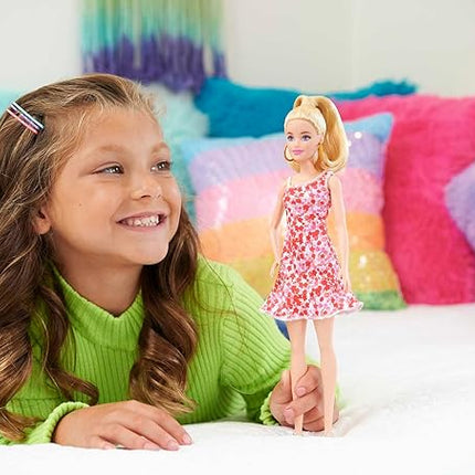 Barbie Fashionistas Doll #205 with Blonde Ponytail Wearing Removable Pink & Red Floral Dress, Platform Sandals & Hoop Earrings