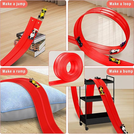 Flexible Race Car Track 16Ft with Suction Cups, Classic Long Rolls Up Portable Racetrack Car Truck Track Compatible with Hot Wheels and Diecast 1/64th Cars Hot Wheels Race Track Toy for Gifts