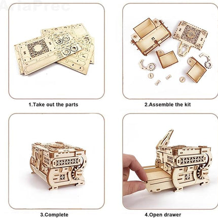 3D Wooden Mechanical Jewellery Box Puzzle - Antique Treasure Box with Exquisite Floral Carvings & Unique Mechanisms - DIY Decorative Gift for Puzzle Lovers
