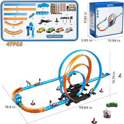 Toy Car Race Track Set for Boys Kids Age 3-5 4-7, Race Tracks with 4 High-Speed Pull Back Race Cars and Crash Zones, Christmas Halloween Birthdays Gifts Toys for Boys Kids 4-6 8-12 Years Old