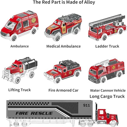 TEMI Diecast Emergency Fire Rescue Vehicle Toy Set w/Play Mat, Truck Carrier,Ambulance, Alloy Metal Fighting Car for 3 4 5 6 Years Old Toddlers Kids Boys and Girls