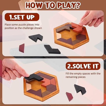 Yilloog 12 Pack Hexagon Tangram Puzzles Wooden Brain Survivor Puzzles for Adult Challenge Hexagon Tangram Brain Teaser Wood Geometric Jigsaw Russian Blocks for Family Party Gift Logic Game