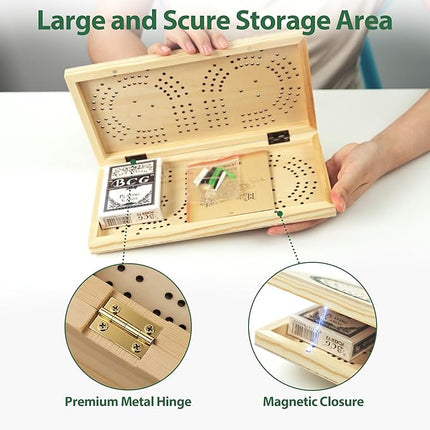 Foldable Cribbage Board Game Set, Solid Wooden Unique 3-Track Cribbage Board with Card Storage & Magnetic Closure, 9 Multi-Colored Pegs, Playing Cards, Family Travel Board Game for Gatherings & Gifts