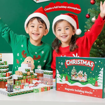 Magnetic Construction Building Blocks Set, 136PCS Tile with 4 Toy Trucks, Education STEM Consrtuction Site Theme Toy for Age 3-5, 6 7 8 9 10 (Christmas Theme)