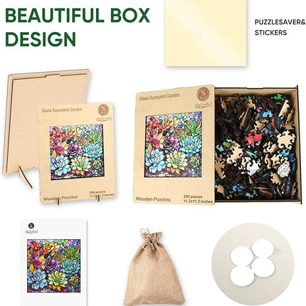 delobi Stained Glass Puzzle Succulent Wooden Puzzles for Adults 200 Pieces, Unique Liberty Challenging Jigsaw Puzzles Gift for Friends Family Game Medium Size 11.2'' x11.2''