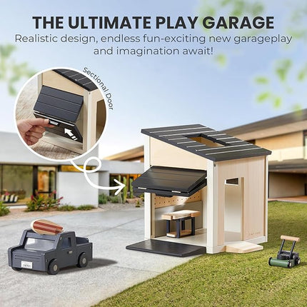 Tiny Land Wooden Dollhouse Garage Set – Realistic Design with Garage, Workbench,Lawn Mower & SUV Car, Expansion Dollhouse Furniture & Accessories for Doll house, Educational Pretend Play Gift for Kids