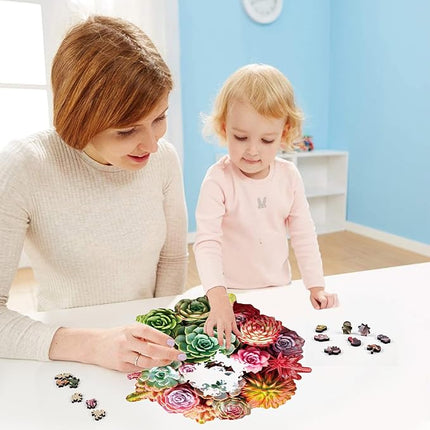 delobil Succulent Bouquet Wooden Puzzles for Adults, 200 Pieces Mandala Round Jigsaw Puzzles, Medium Size Unique Shaped Liberty Wood Puzzle Gift for Kids, Family Game 11.3'' x 10.5''