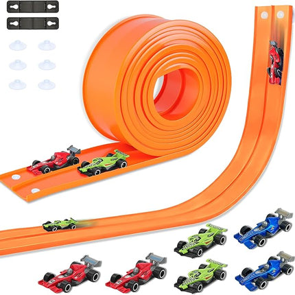 15 Ft Double Sided Flexible Race Track Set with 6 Toy Cars for Kids (Orange)