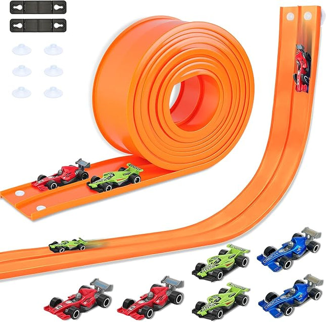 15 Ft Double Sided Flexible Race Track Set with 6 Toy Cars for Kids (Orange)