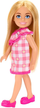 Barbie Chelsea Doll, Small Doll Wearing Removable Checked Dress & Pink Shoes with Blonde Hair & Blue Eyes