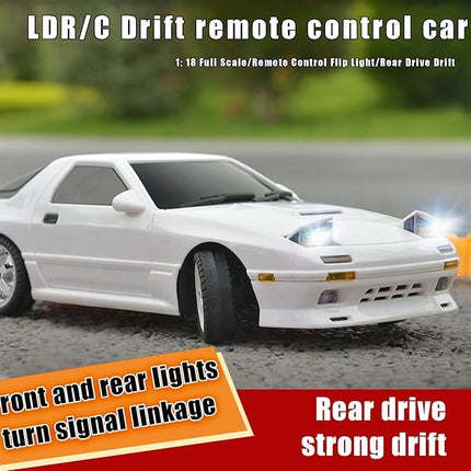 1:18 RX7-FC 3S Model LD1802 RC Drift Car 1/18 2.4G Remote Control on Road ESP Gyroscope LED Mini RC Racing Cars (White)