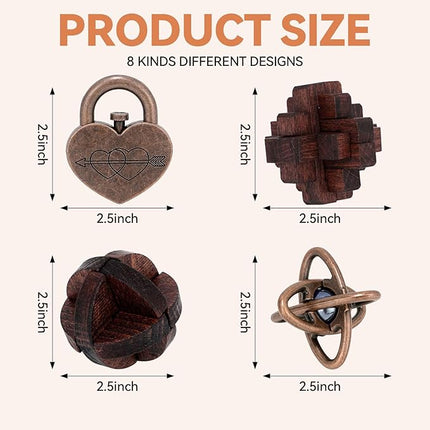 8 Pcs Brain Teaser Puzzles for Adults Teens - Metal Puzzles 3D Puzzle Game Toys for Adults Teens - Wooden Unlock Interlocking Puzzle Adult IQ Education Smart Toys