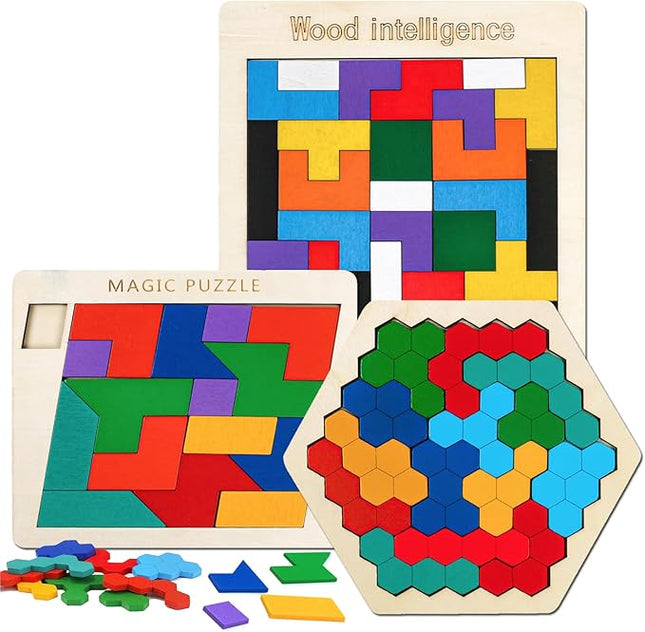 Wooden Puzzles Blocks Brain Teasers Logic Games for Classroom & Party Times,Jigsaw Puzzle Intelligence STEM Montessori Educatioanl IQ Toys Games for Kids Boys Girls Ages 3+ (3 Pack)