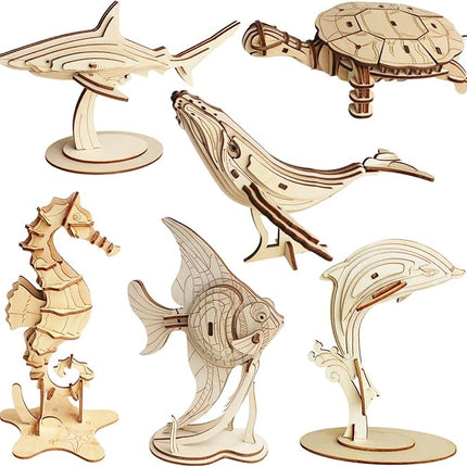 3D Wooden Sea Animal Puzzle - 6 Piece Set Wood Sea Animals Skeleton Assembly Model Kits - Wooden Crafts DIY Brain Teaser Puzzle - STEM Toys Gifts for Adults & Teens Birthday Gifts Christmas