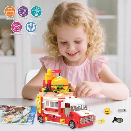 Piggy Burger Truck Building Set, 566PCS Creative Fast Food Truck Playset Compatible with Lego City Car, Imaginative Pretend Play Toys Gift for Kids Ages 6+