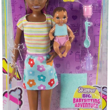 Barbie Skipper Babysitters Inc Doll & Accessories Set with Brunette Doll in Flowered Skirt, Baby Doll & 4 Themed Pieces