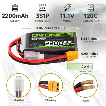OVONIC 3S Short LiPo Battery 11.1V 2200mAh 120C with XT60 Plug for RC Car RC Truck Airplane Helicopter Boat Car Racing RC Hobby [2 Packs][77" D x 34" W x 26" H mm](with Lipo Voltage Checker)
