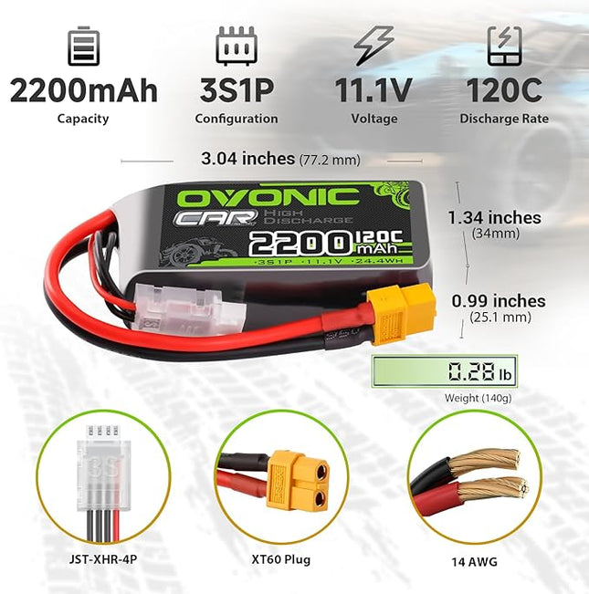 OVONIC 3S Short LiPo Battery 11.1V 2200mAh 120C with XT60 Plug for RC Car RC Truck Airplane Helicopter Boat Car Racing RC Hobby [2 Packs][77" D x 34" W x 26" H mm](with Lipo Voltage Checker)