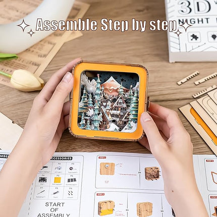 3D Puzzle Nightlight-DIY LED Light Wooden Puzzle-Art Lamp and Craft Kits for Kids and Adults-Birthday Gifts Toys-Home Desk Decor Family Game (Christmas Eve)