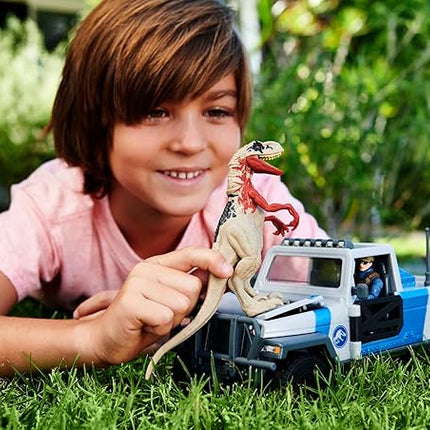 Mattel Jurassic World Search 'n Smash Truck Set with Atrociraptor Dinosaur & Human Action Figure, Vehicle with Destruct Features