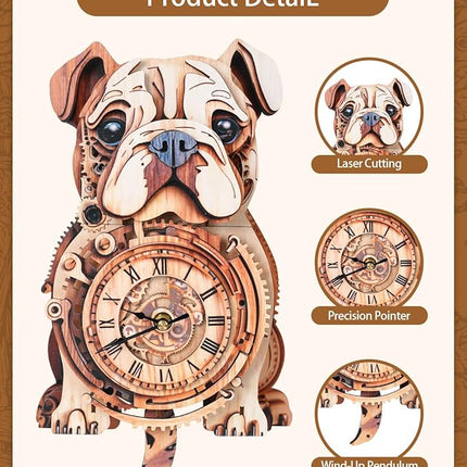 3D Wooden Puzzles for Adults, 3D Puzzles Bulldog Clock(with Pendulum) 32Pcs, Beginners Wooden Puzzle for Adults Teens Home Wall Decor Gift for Women Men