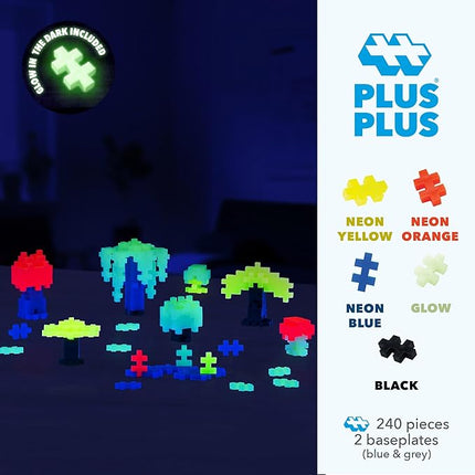PLUS PLUS 240 Piece Interlocking Building Blocks for Kids, Open Ended Connecting Toys, STEM Bin Mini Manipulatives - Glow Mix Play Tube & Baseplate