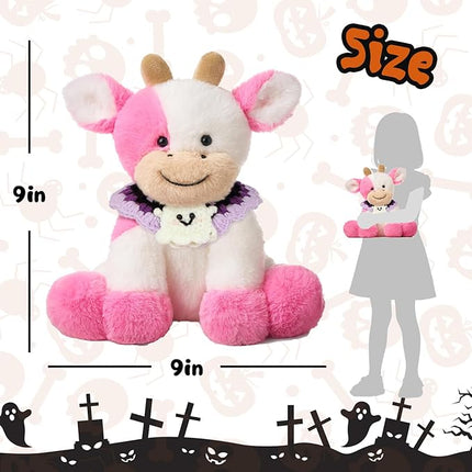 Hopearl Adorable Halloween Plush Cow Toy with Knitted Cute Ghost Bib Floppy Dairy Cattle Soft Stuffed Animal Gifts for Boys Girls Kids Toddlers, Pink, 9''