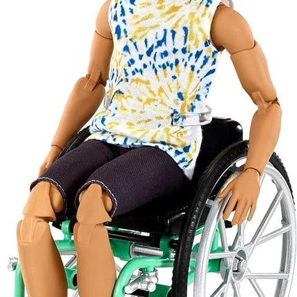 Barbie Ken Fashionistas Doll #167 with Wheelchair & Ramp Wearing Tie-Dye Shirt, Black Shorts, White Sneakers & Sunglasses, Toy for Kids 3 to 8 Years Old