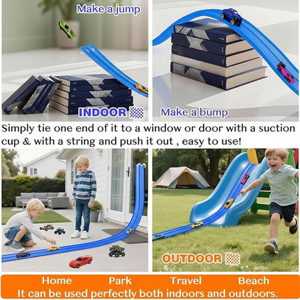 15 Ft Flexible Race Car Track for Kids, Rolls Up Portable Race Tracks with 6 Car & Suction Cups, Compatible with Hot Wheels and Diecast 1/64th Cars, Birthday Gifts for Boys Girls
