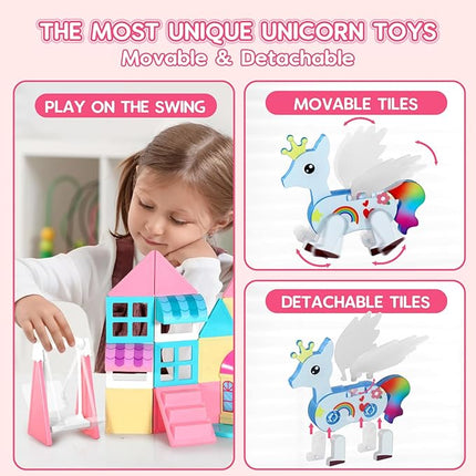 Unicorn Toys for Girls Age 4-6, Unicorn Magnetic Tiles, Movable Magnetic Tiles 3D Educational Toy, Magnetic Building Blocks for Kids, Magnetic Construction Set, Xmas Birthday Gifts for Boys and Girls