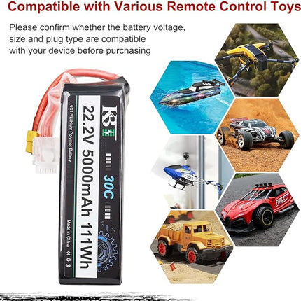 KBT 6S 5000mAh LiPo High Discharge Rate Battery Soft Pack 22.2V 30C Rechargeable Lithium Polymer Battery with XT60 Connector for RC Car Drone Boat Truck Racing Quadcopter Helicopter