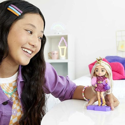 Barbie Extra Minis Doll & Accessories with Blonde Hair Wearing Shimmery Dress & Furry Shrug, 5.5-inch