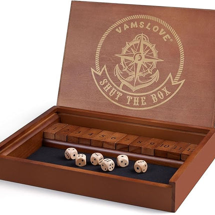 VAMSLOVE Shut The Box Dice Game Wooden Board Table Math Game for 2 Players and Up, 12 Numbers Close The Box with 6 Dice for Kids Adults Family (Instructions Included)