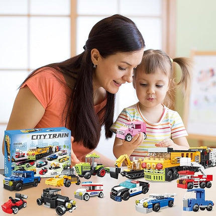 16 Pack Building Blocks Party Favors for Kids, 2 in 1 710pcs Creative Building Kits Mini City Vehicles include Police Car & Train, Christmas Toy Gifts Goodie Bag Fillers Stuffers for Boys Girls Kids