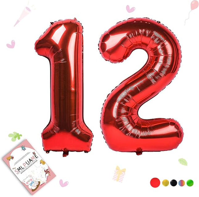 Smlpuame 40 inch Number Balloon 0-9 Red Large Number 12 Balloons,Digital Balloons for Birthday Party Celebration Decorations Supplies, Helium Foil Number Balloons for Wedding Anniversary