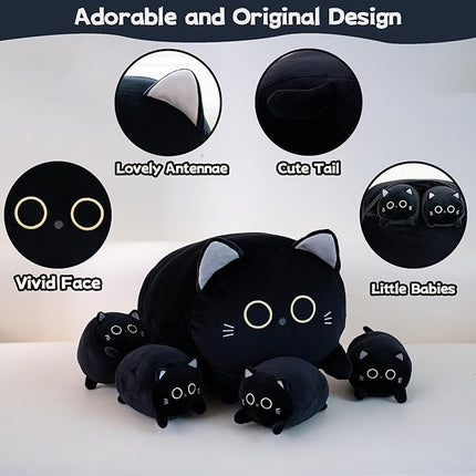 Black Cat Plush Stuffed Animals with 4 Kitties Plushies,16" Soft Jumbo Pillow Gifts for Kids Him Her Girlfriend Boyfriend