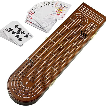Juegoal Wood Cribbage Board Game Set 3 Tracks with Metal Pegs, Cards, Storage Area